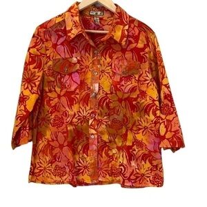 Caribbean Joe XL Floral Button Front Shirt 100% Cotton Orange Pink Retro Top